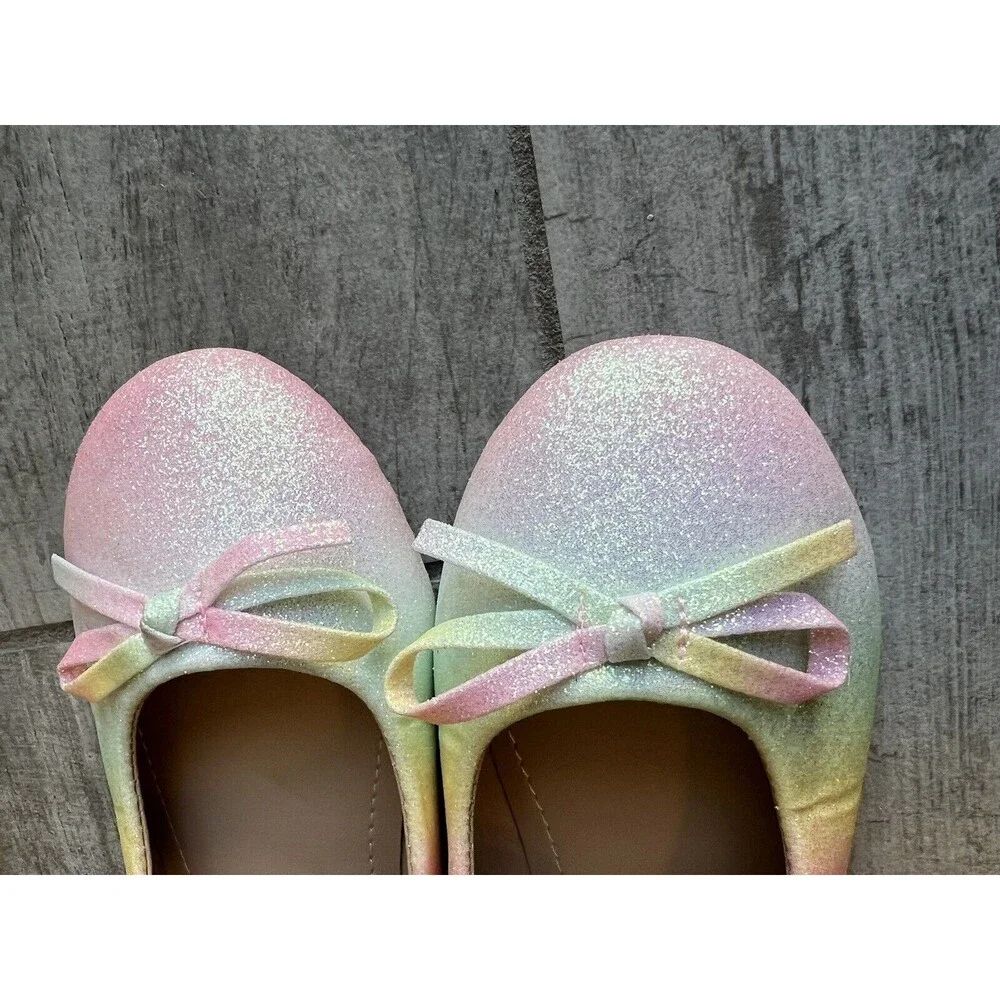 Girls Rainbow Glitter Shimmer Ombre Mary Jane Shoes Bows Flats Ballet EUR 30 12